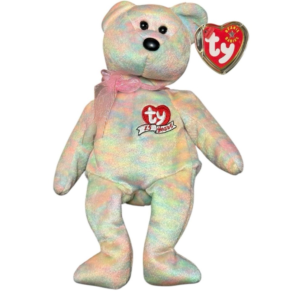 Ty Beanie Baby‎ Celebrate 15 Years Bear 2001 Pastel Plush w/ Safe House Bag
